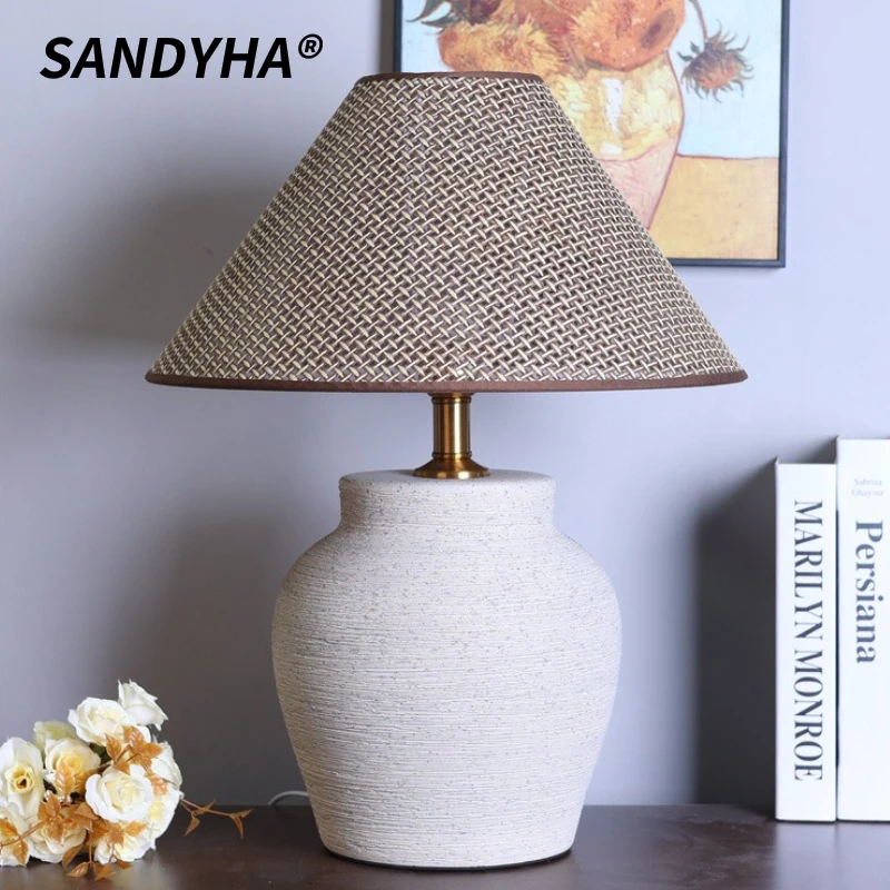 

SANDYHA Japanese Ceramic Table Light Fabric Lampshade LED Floor Lamp for Living Room Decoration Bedroom Study Lighting Fixtures