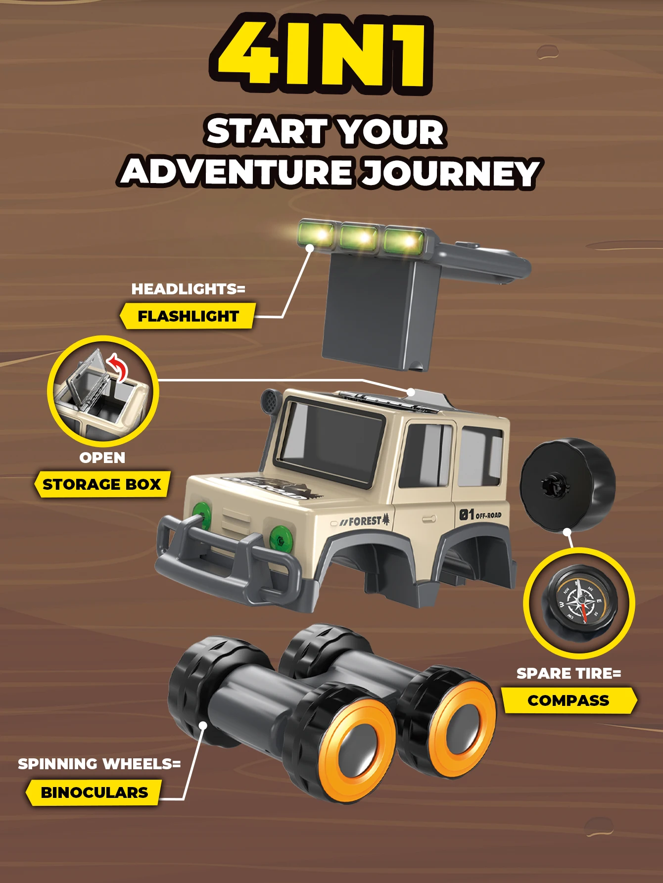 Veículo off-road multiuso com função de telescópio, quebra-cabeça ao ar livre, ciência e educação, 4 em 1