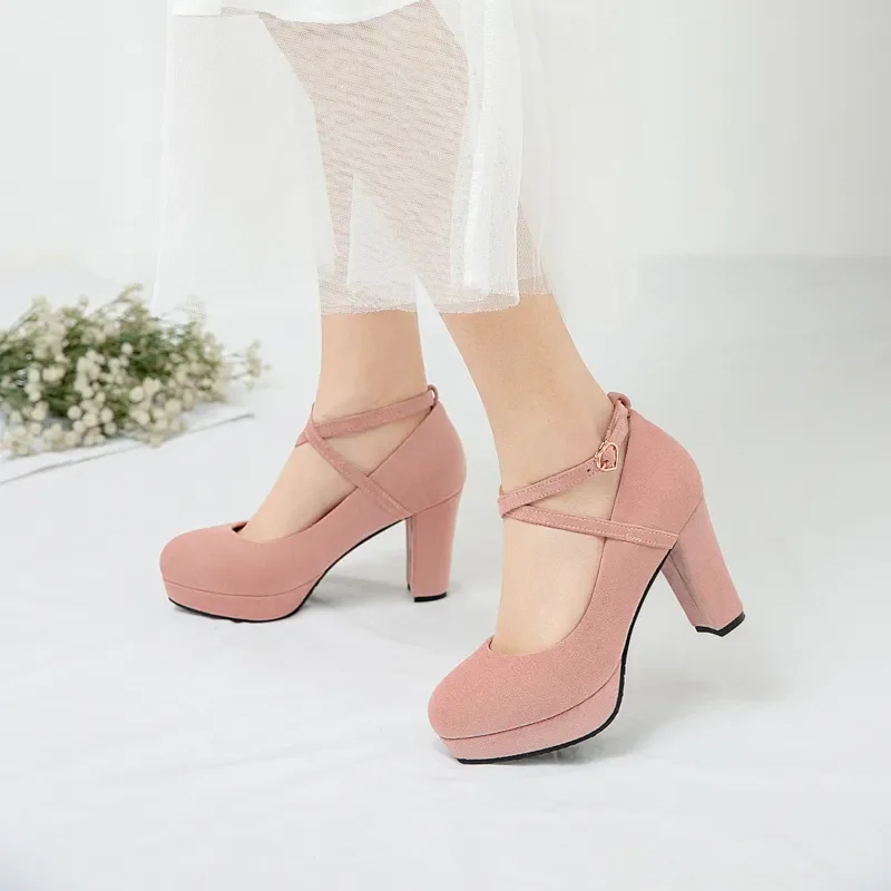 Yong Girls Student School Party High Heels Pumps Platform Cross Strappy Flock Children's Shoes 2023 Spring Autumn Pink