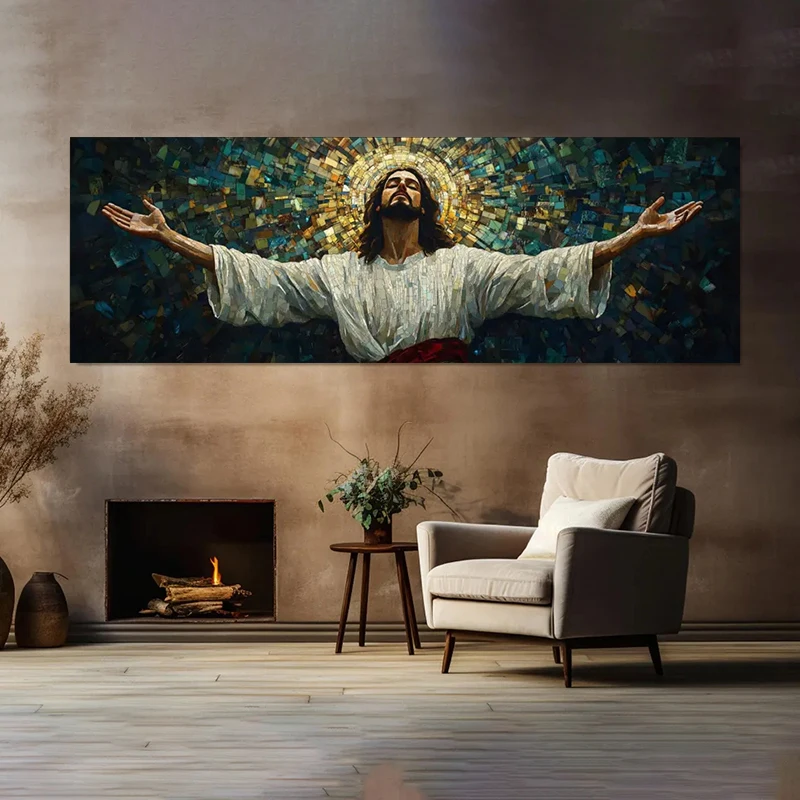 Toile d'art mural de jésus imprimée, toile mosaïque de jésus avec bras ouverts, lumière divine et spirituelle, affiche sur toile d'art chrétien