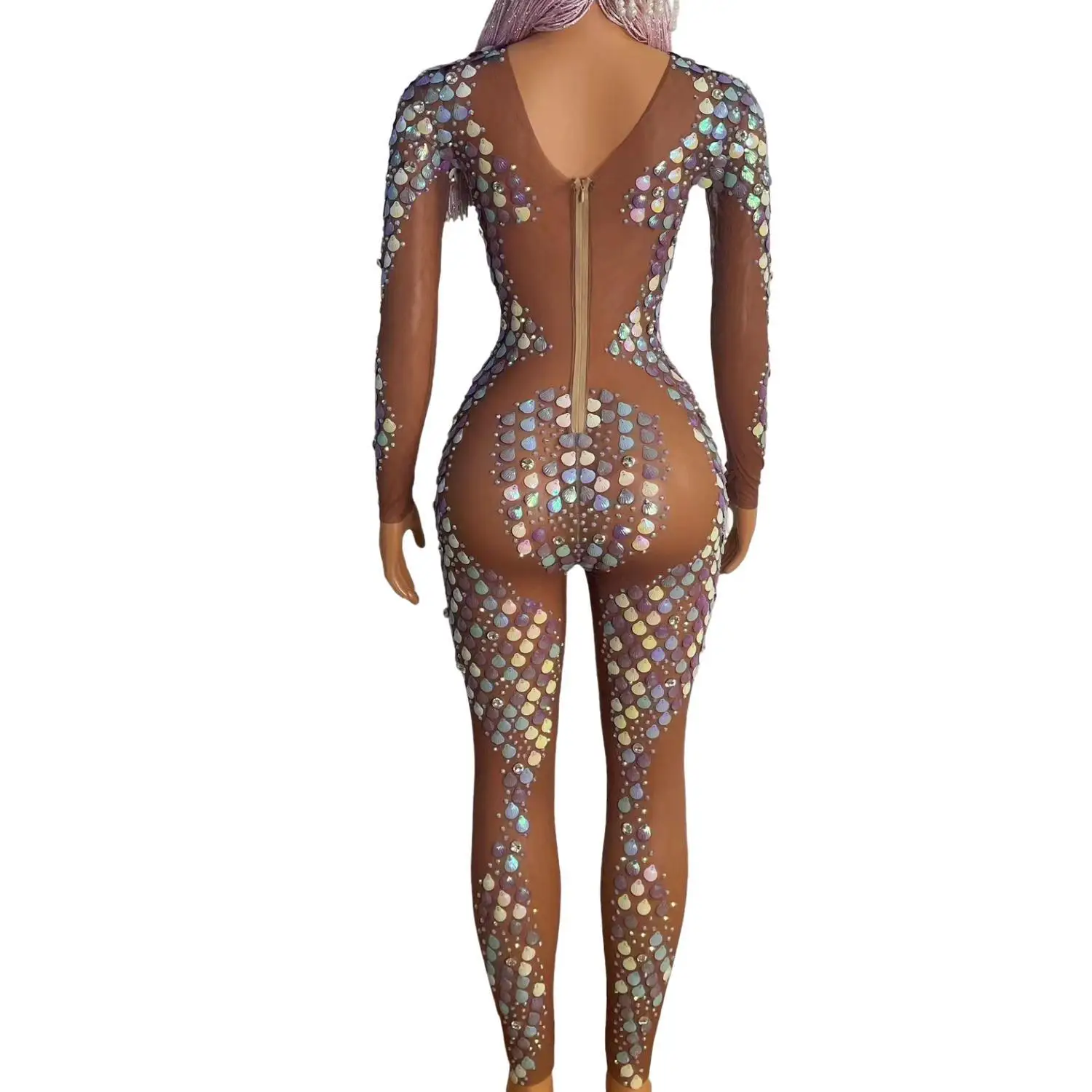 Macacão de Manga Longa em Tule Transparente com Cristais Multicoloridos Caibei, Luxuoso, para Festivais de Música e Festas