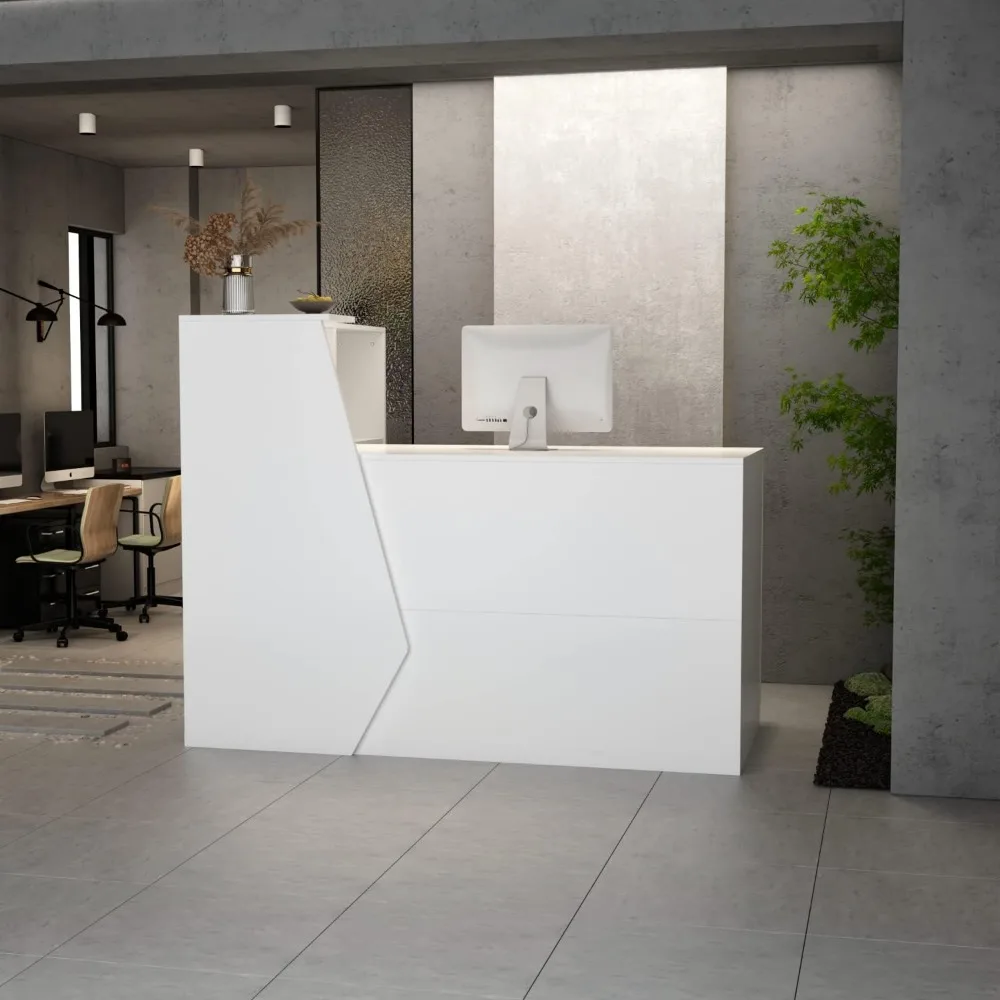 Reception Desk with Lockable Drawers, Open Shelves and Keyboard Tray, Desk Reception Counter with Cabinets and Black Stickers