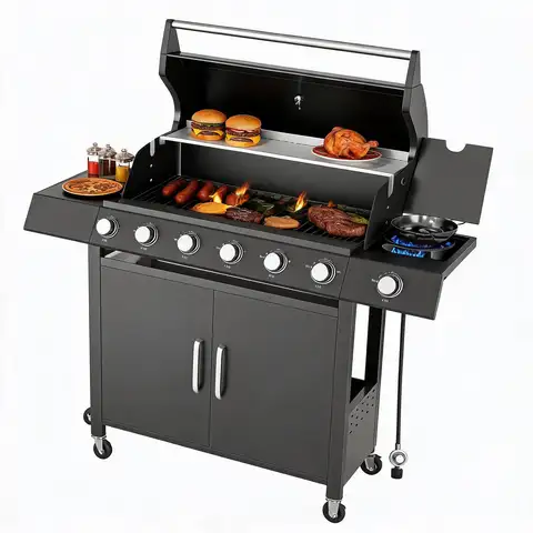 Superior 6-Disposable Outdoor Gas Grill – Stainless Steel & Cast Iron – Side Disposable – Large Warming Rack – Storage Cabinet – Heavy-Duty BBQ for Patio, Backyard, Camping, Family