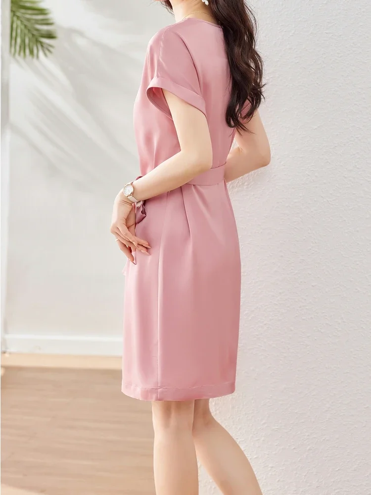 

Vimly Elegant Simple Summer Dress for Women 2023 Acetate Thin Silky Loose Straight Raglan Sleeve Ladies Belted Short Dresses