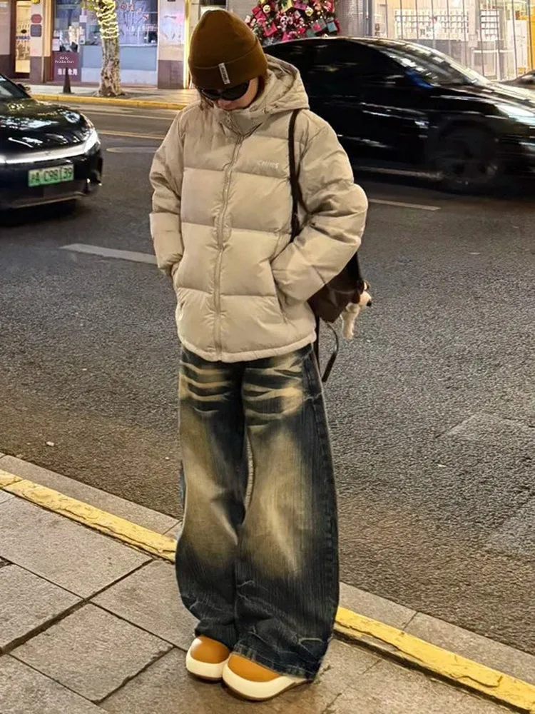 

Женские джинсы большого размера в американском винтажном стиле, синие, с эффектом потертости, свободные, широкие, длинные брюки, повседневные, с высокой талией, на молнии