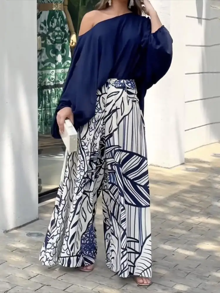 Freeacy Navy Blue One-shoulder Puff Sleeves Shirt Top and Printed Wide Leg Skirt Pants Loose Casual Two Piece Set for Women