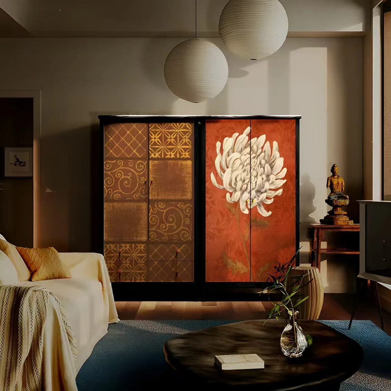 aesthetic solid wood wardrobe flower and bird elements dining side cabinet chest bedroom living room storage locker
