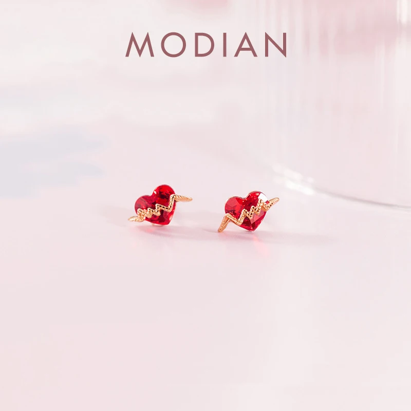 

Modian Hot Sale 925 Sterling Silver Red CZ Stone Heart Geometric Wave Line Stud Earrings for Women Fashion Wedding Fine Jewelry