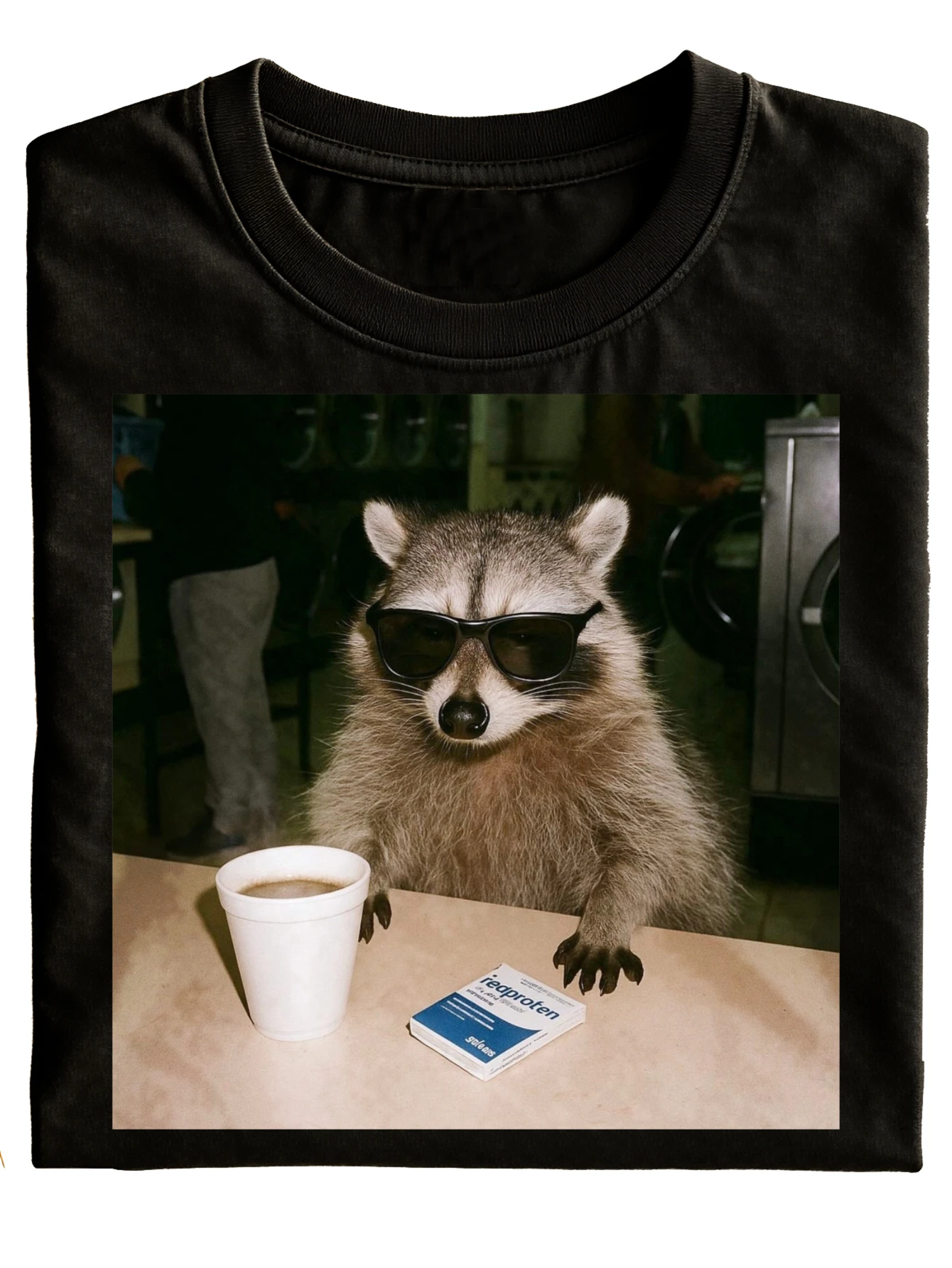 Funny Raccoon with Glasses And Coffee Cup Printed on Black Crewneck T-Shirt Casual Wear for Men Women Gift Idea Fashionable Everyday Wear Perfect for Holidays And Parties, Plus Size