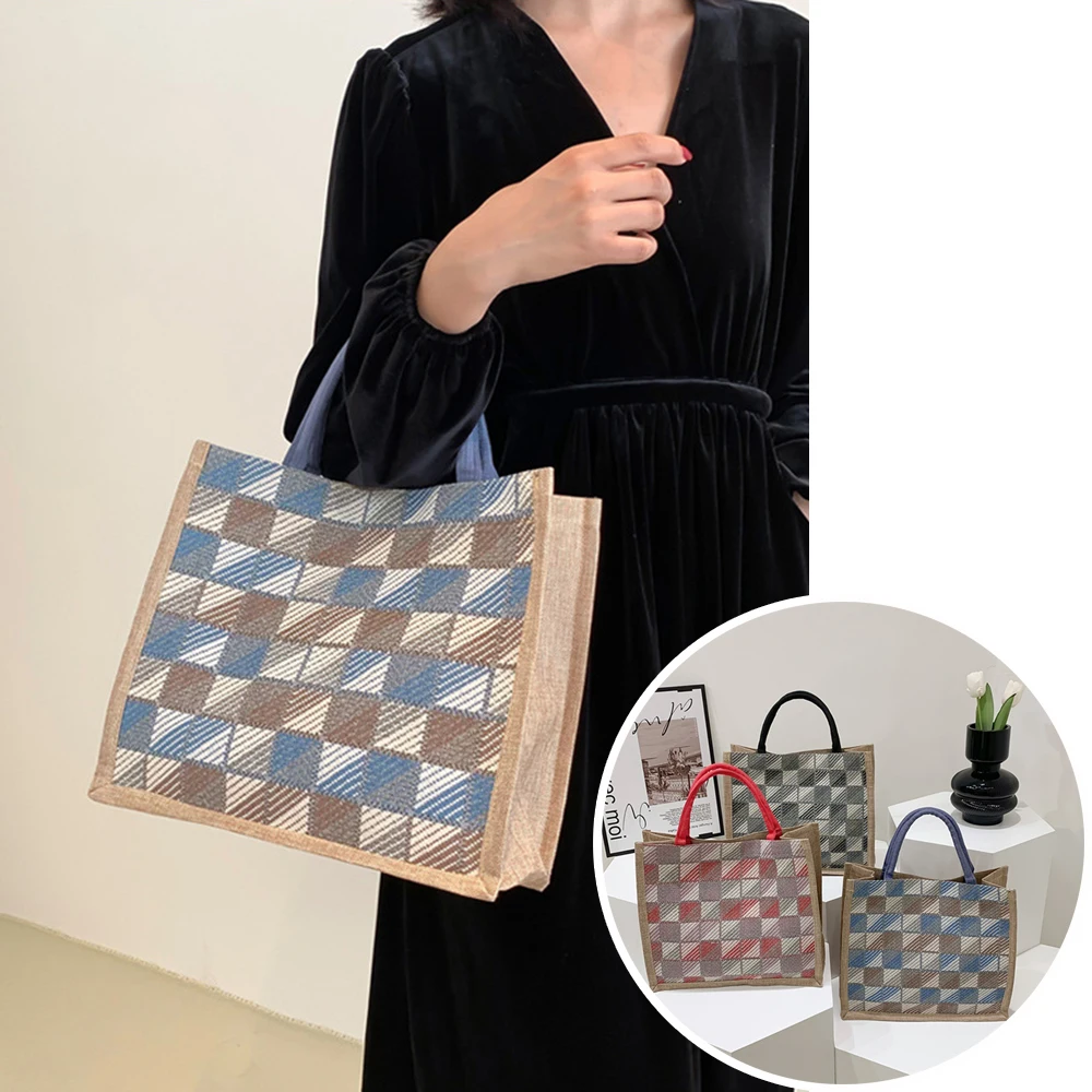 Large Capacity Plaid Pattern Handbag Women'S Cotton And Linen Tote Bag Simple Shoulder Commuter Bag Leisure Storage Square Bag