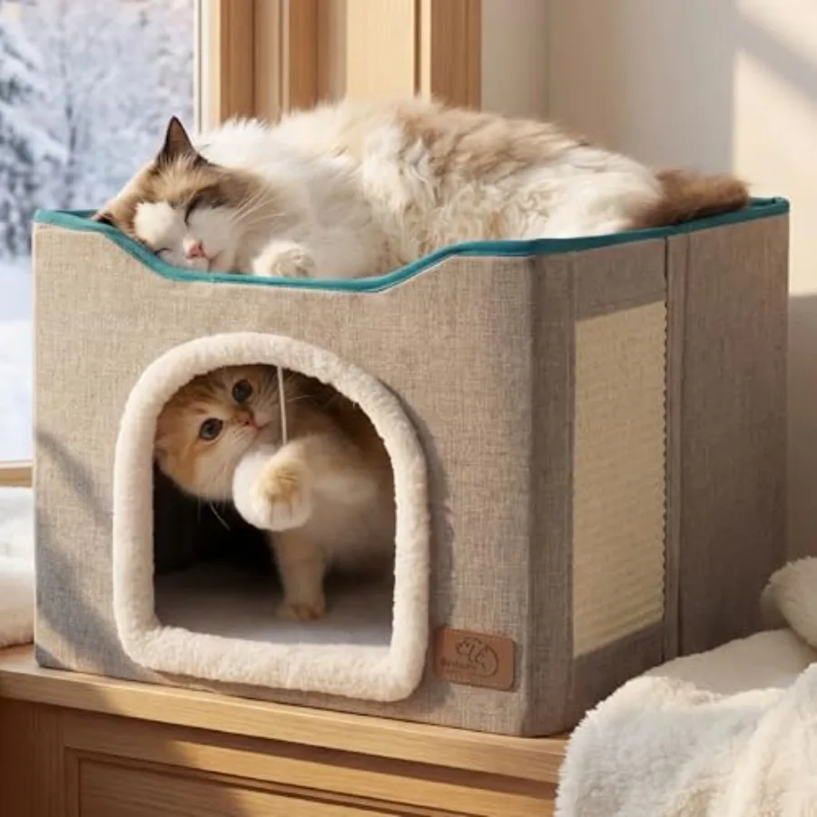 

Cat Beds for Indoor Cats - Large Cat Cave for Pet Cat House with Fluffy Ball Hanging and Scratch Pad Foldable Cat Hideaway 16.5