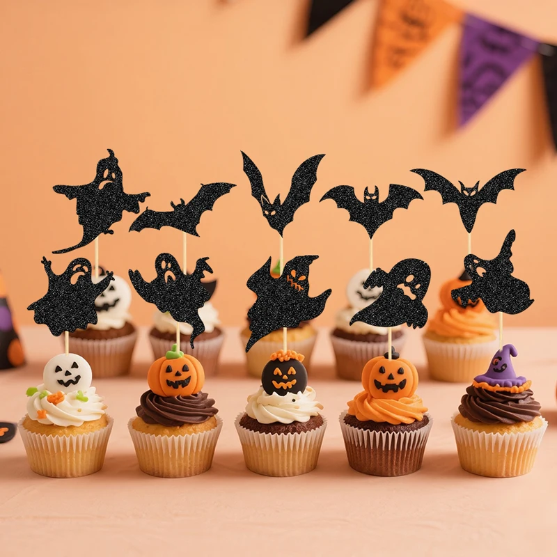 NUBECOM 24 Stück Halloween-Kuchenaufsätze, glitzernde Geister- und Fledermaus-Cupcake-Topper, Geburtstagskuchen-Dekoration, Halloween-Party-Kuchendekoration – Detail 10