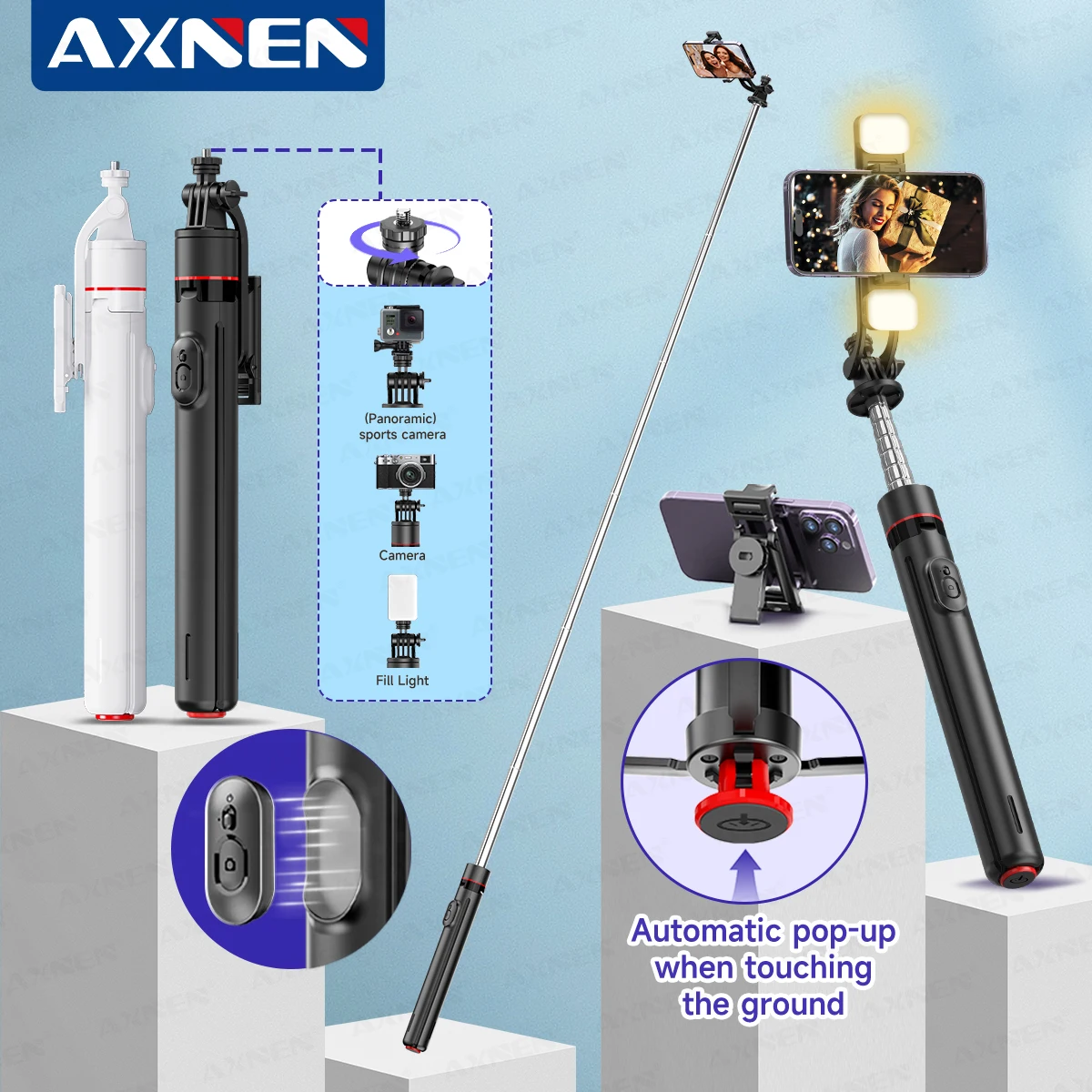 

68.9in Auto Pop Up Tripod Selfie Stick Magnetic Bluetooth Remote All-in-one Tripods Smartphone Holder for Shooting Vlog Video