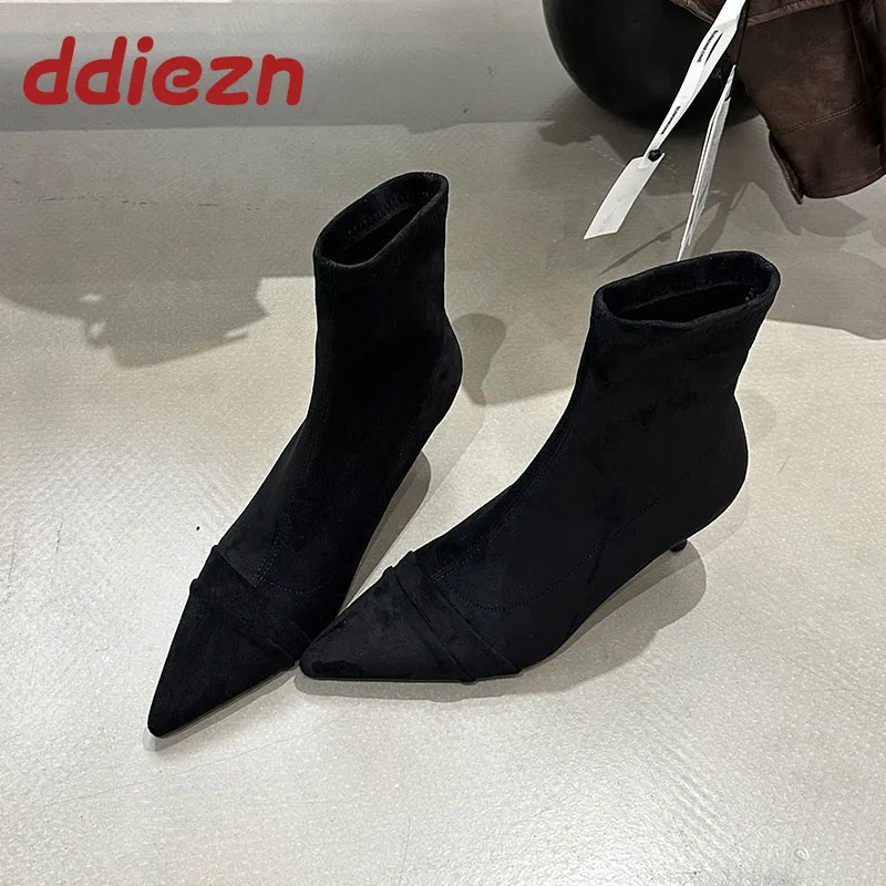 

new Thin Heels Fashion Flock Women Short Boots Slip On Shoes Female Elastic Footwear Ankle Stretch Boots Shoes For Ladies