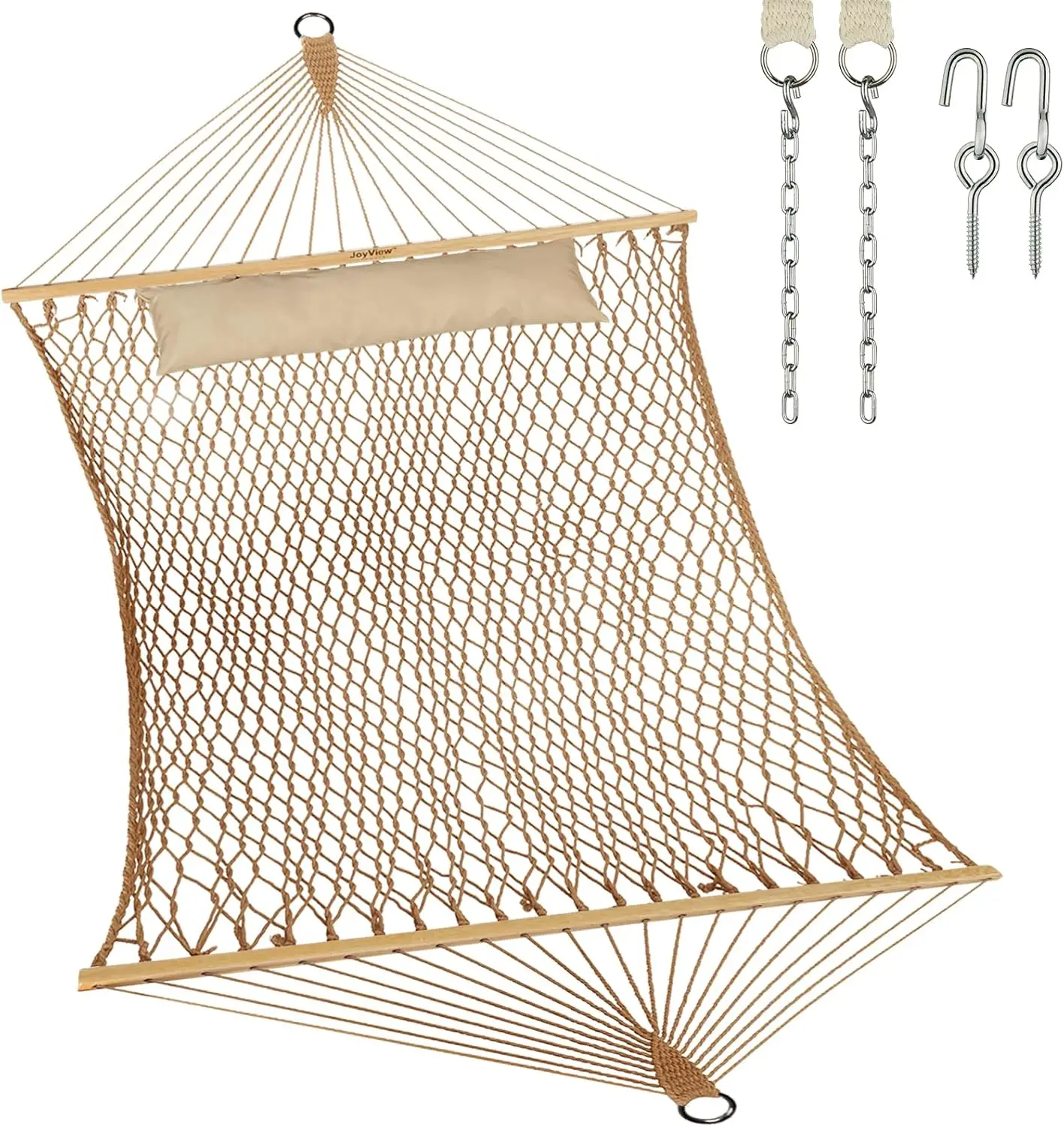 

Traditional Rope Double Hammock with Hardwood Spreader Bar and Pillow, 450lb Capacity for Outdoor Indoor Patio Yard - Brown