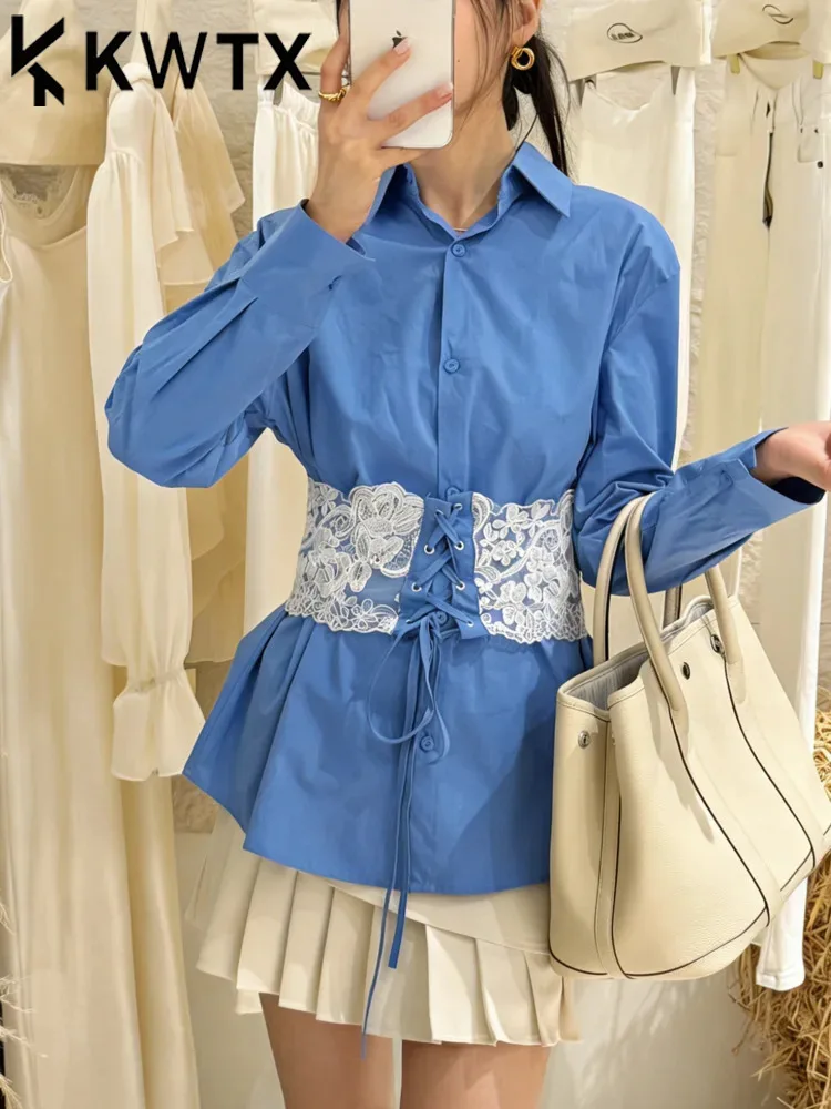 

KT Elegant Lace Corset Waist Blouse For Women Turn Down Collar Lace Up Detail Peplum Hem Office & Daily Wear Tops