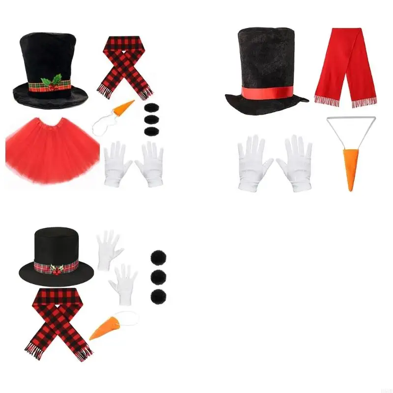 

H58E Winter Frosty Snowman Costume Top Hat с носовым шарф -перчатками рубашка пуговица Halloween Рождественские аксессуары