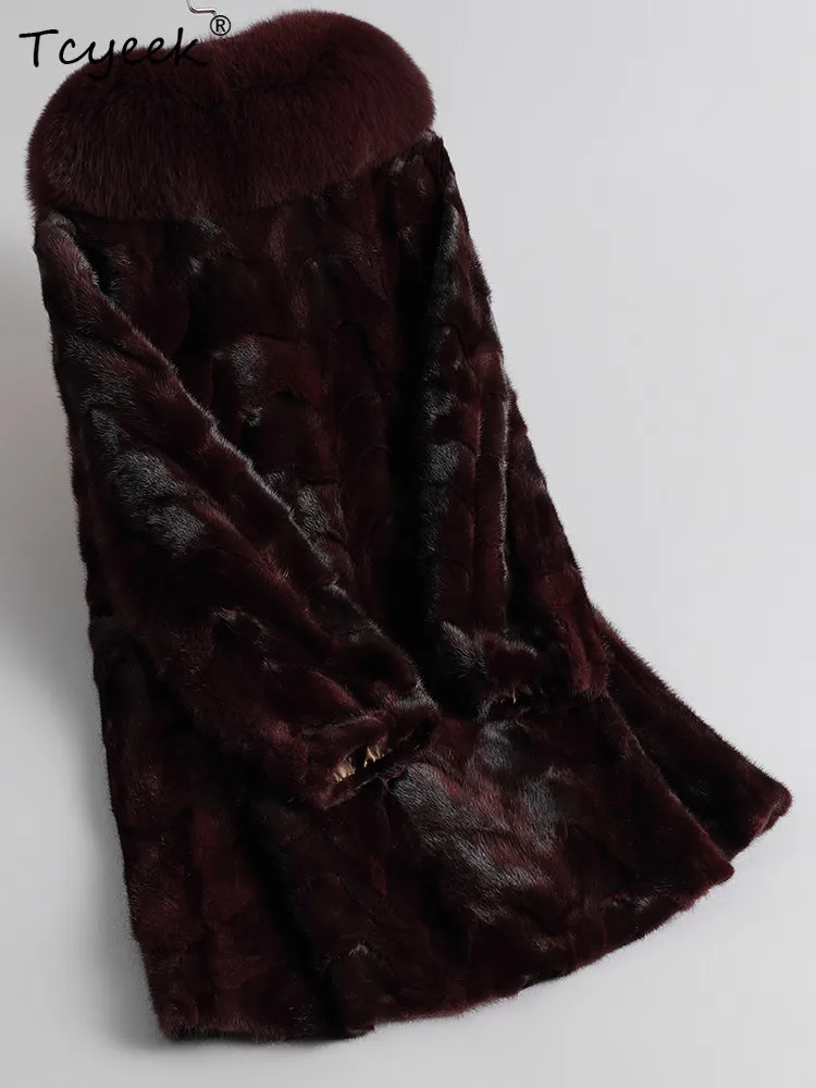 Tcyeek 100 % Nerz Pelzmantel Frauen Winter Kleidung Fuchs Pelz Kragen Damen Mäntel Mode Neu in Mäntel 2025 Mid-länge Fourrure Femme