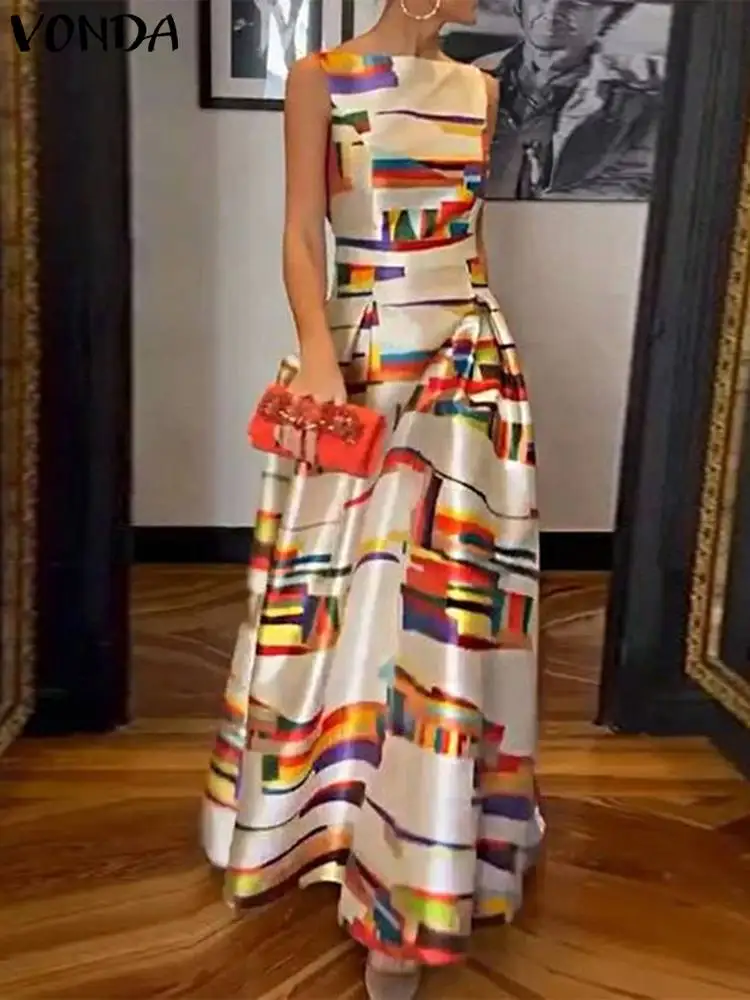 VONDA Bohemian Printed Long Maxi Dress Women Sleeveless Sexy Elegant Party Sundress 2024 Summer O-Neck Casual Pleated Vestidos