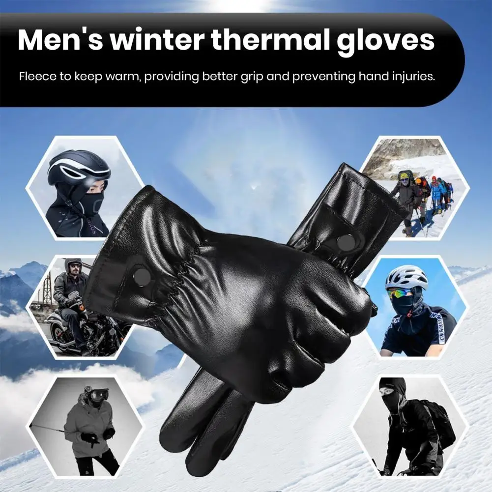 Comfortable Plush Handwear Windproof Men's Motor Gloves with Touch Screen Anti-slip Faux Leather Riding Gloves for Warmth