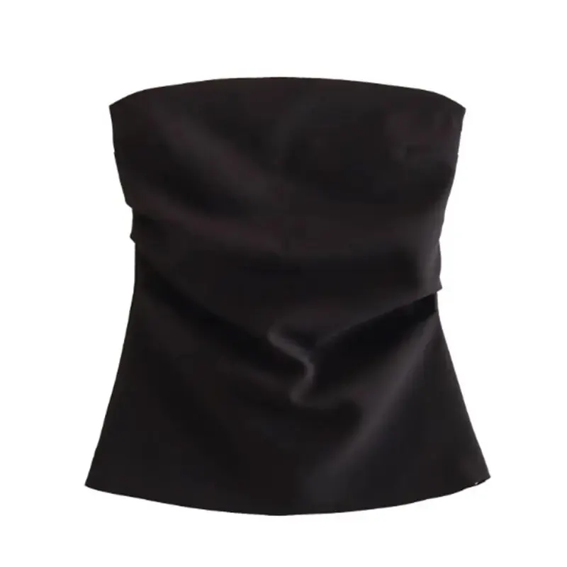 Strapless Draped Bustier Tops for Women, Straight Neck, Back Zipper, Female