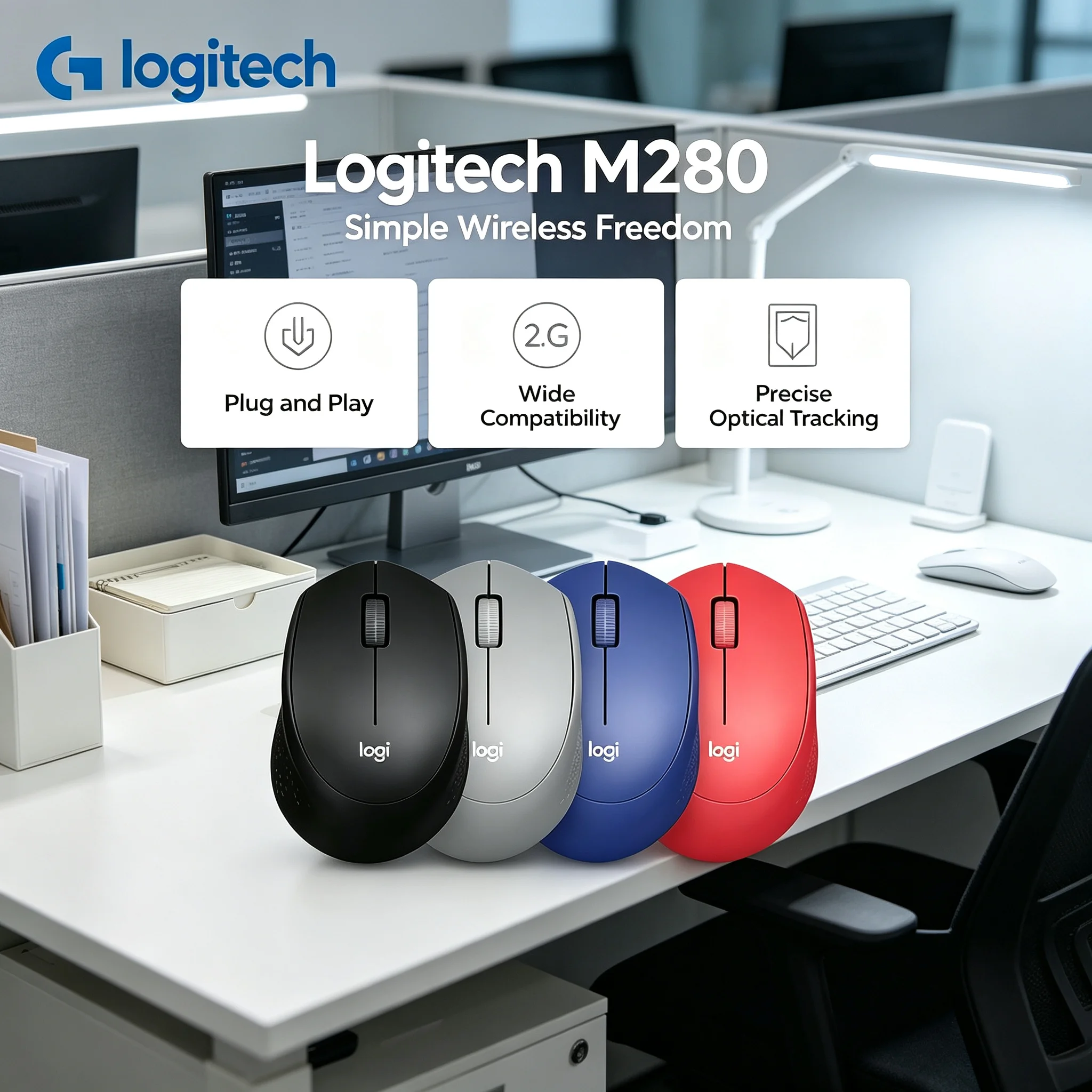 Logitech M280 Original Optical Wireless Mouse Light Weight Portable Mice for Office Home Desktop PC