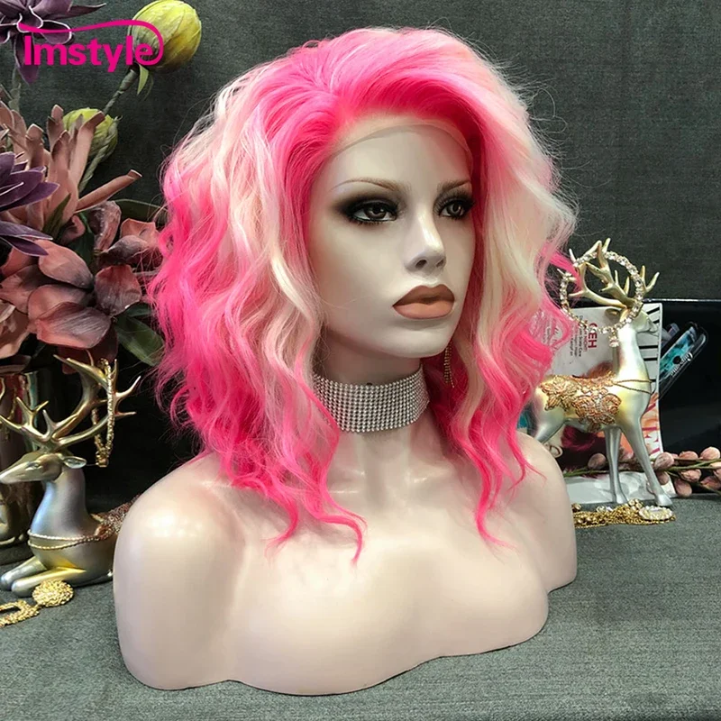 Imstyle Pink Blonde Wig Short Synthetic Lace Front Wig Two Tone Heat Resistant Fiber Deep Wave Wigs For Women Cosplay Wig