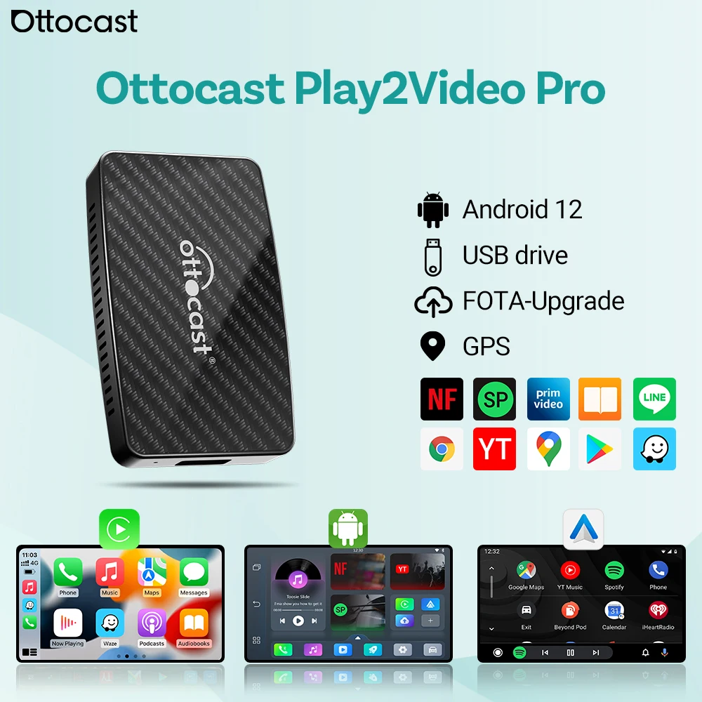 

Ottocast Play2video Pro Carplay Android Box: беспроводной Carplay и Android Auto, поддержка Netflix и YouTube, просмотр видео, двойной Wi-Fi для Audi и VW