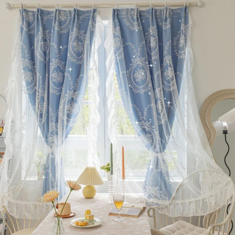 French Vintage Double-layer Curtain Blackout Window Curtains for Dormitory Bedroom Living Room Easy Install Cortinas Home Decor