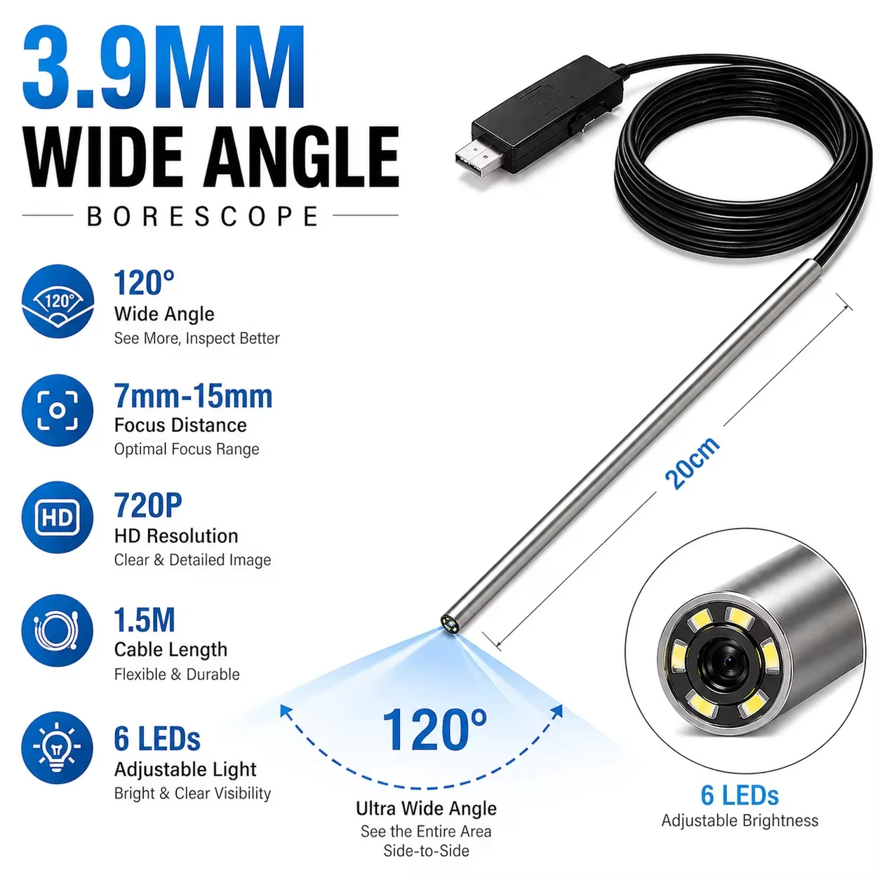 3.9mm Lens Rifle Endoscope Camera Flexible Probe Visual Barrel Inspection Tool Fits .15 Caliber & Larger Gun Inspection Camera