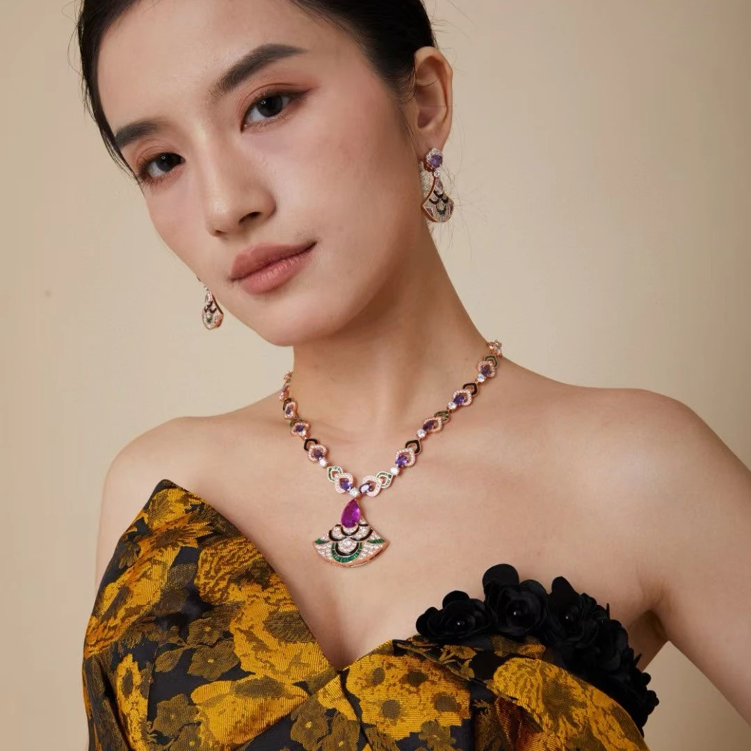 Luxurious Fashion Fine Jewelry Sets For Women Lady Inlay AAA Cubic Zircon Violet Color Fan-shaped Pendant Necklace Drop Earrings