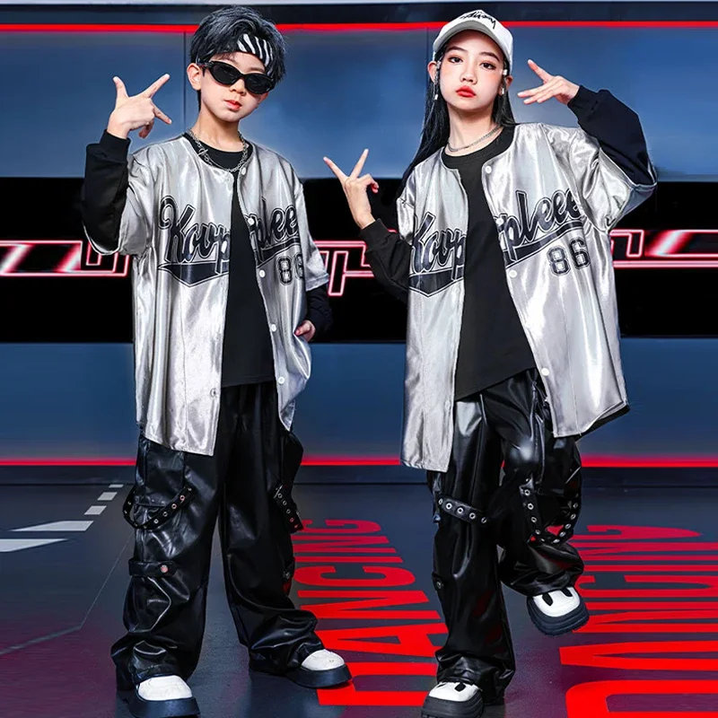 

Children Hip Hop Dance Costume Kids Jazz Street Dance Clothing Stage Dancing Fashion Outfit Black Tops Pants Silver Shirt