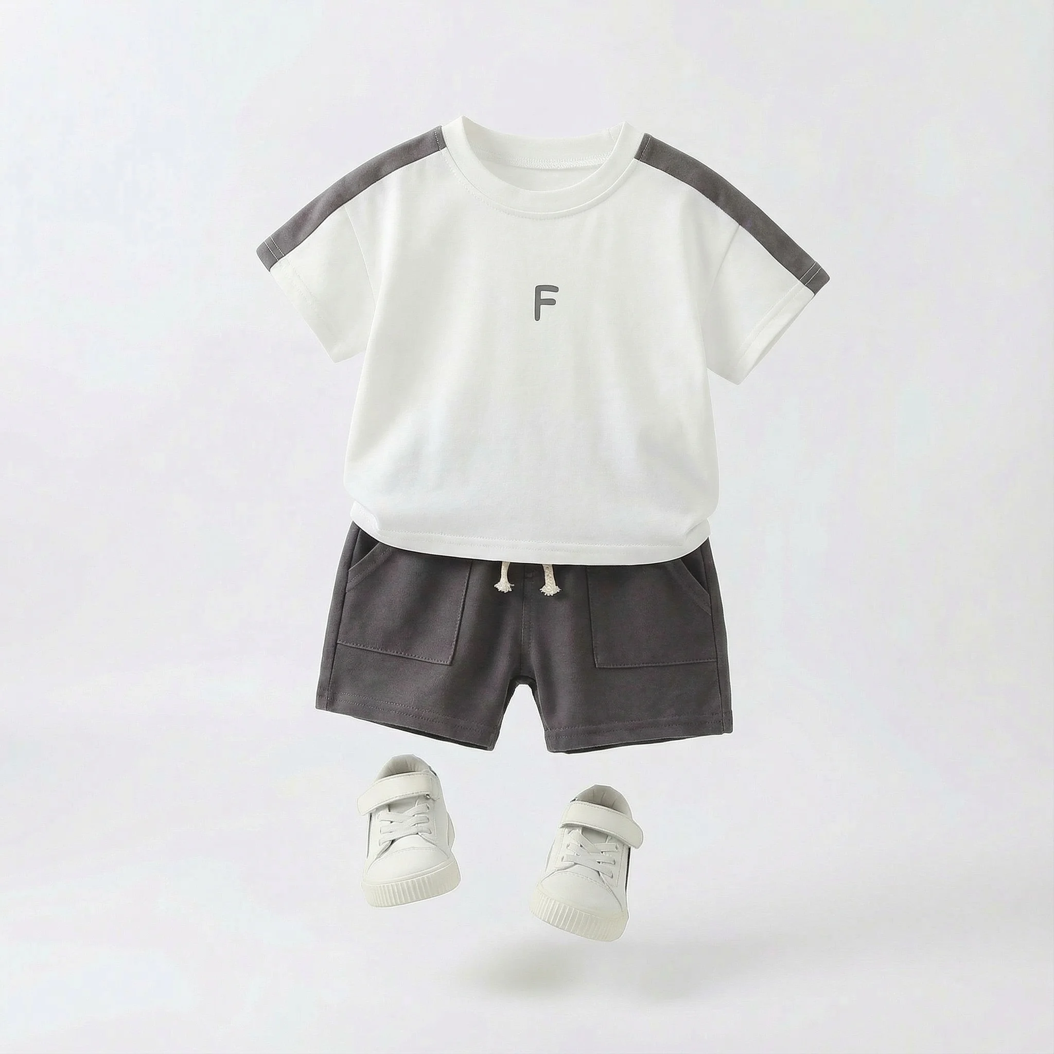Toddler Baby Boys 2Pcs Summer Outfit, Casual Short Sleeve Color Block T-Shirt with Letter F Embroidery + Elastic Waist Drawstring Shorts, Soft Cotton Tracksuit for 1-5 Years Old Kids
