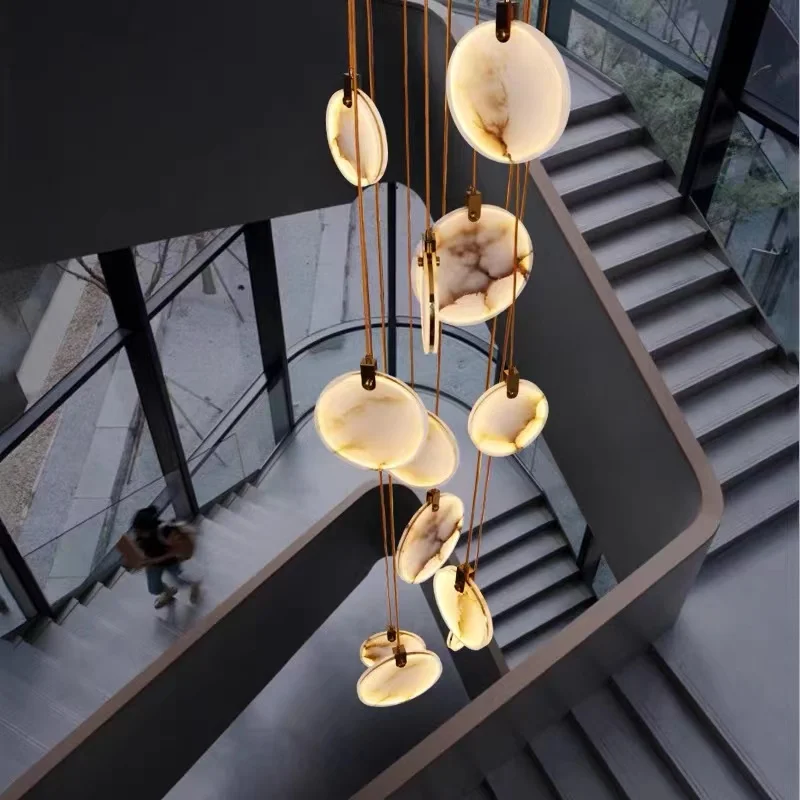 

Modern Marble Crystal LED Chandeliers Staircase For Living Room Luxury Round Cristal Hanging Lamps Villa Long Lighting Fixtures