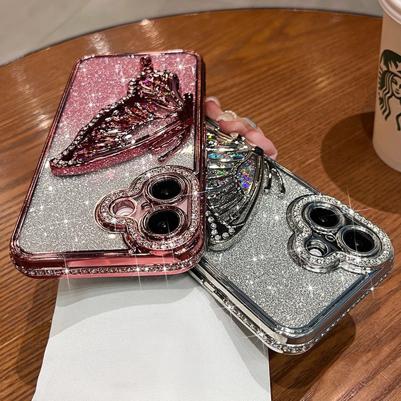 Cute Butterfly Case for iPhone 16 Pro Max Girl\'s Bling Diamond Glitter Plating Soft Cover for iPhone 15 13 12 11 14 Pro Max Plus