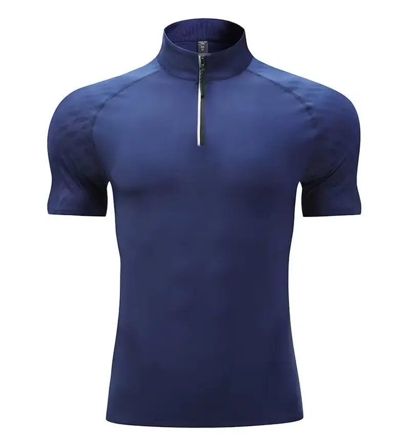 New 2023 Summer Running Gym Men Shirt short Sleeve Tees elastic fit Sports training Fitness Quick dry Zip collar Polo T Shirt