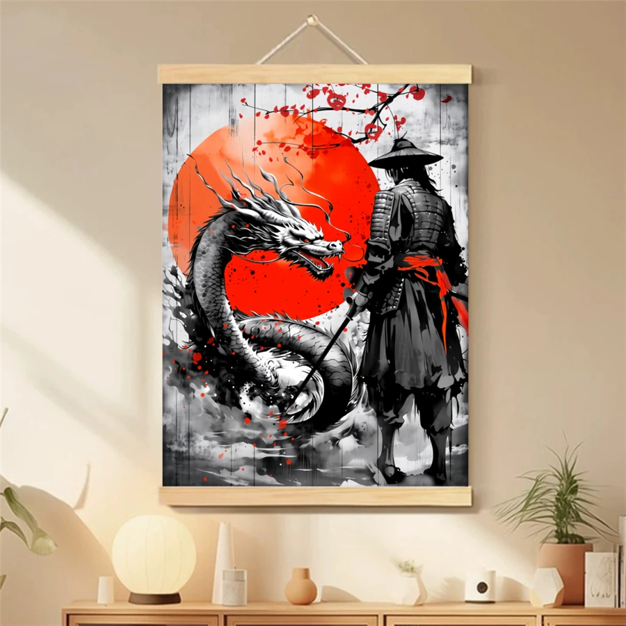 [2D Flat] 1pc Samurai and Dragon Canvas Art Print Scroll Japanese Warrior with Red Sun Motif Ideal for Home Office Easy to Hang