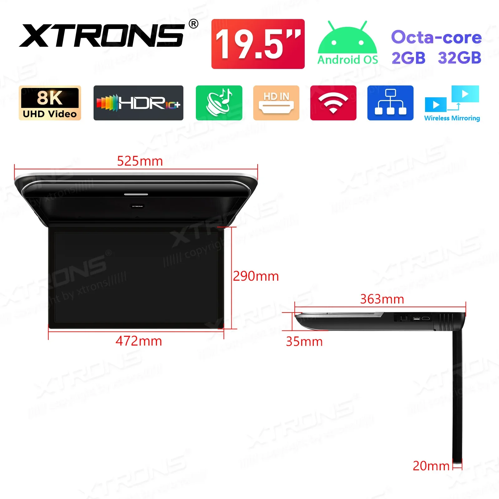 Monitor de Techo para Auto XTRONS de 19.5 Pulgadas, Android Octa-core, Pantalla IPS 8K, Ángulo Ajustable hasta 170° ° con Duplicación de Pantalla USB HDR RCA 6