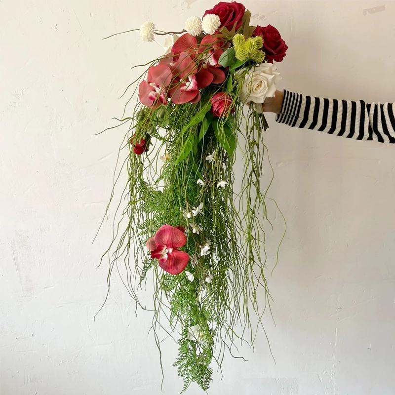 

Vintage Red Teardrop Bridal Bouquet - Silk Roses & Phalaenopsis (Red/Beige) Wedding Bouquet Accessories