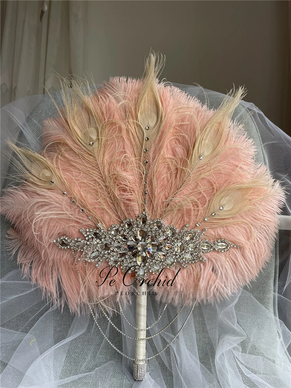 PEORCHID Luxury Pink Crystal Wedding Feather Fan Gatsby Theme Bridal Bouquet Engagement Hand Fan Brides Roaring 20\'s Bouquet