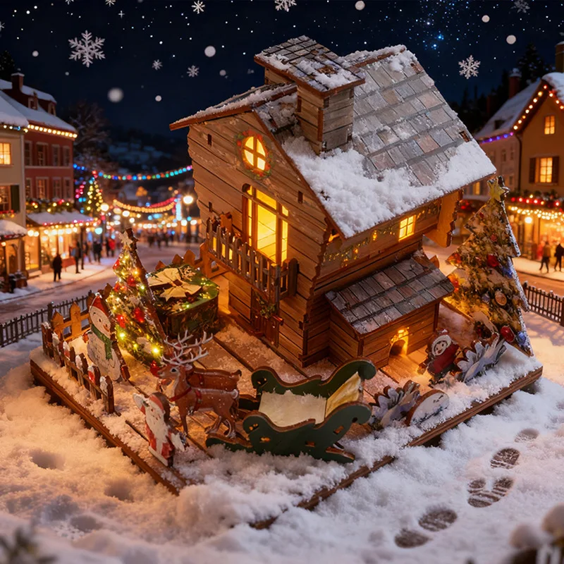 

DIY Wooden 3D Puzzle Christmas Cabin Model, Festive Snowy House Building Kit with LED Lights, Holiday Decor & Diorama Scene