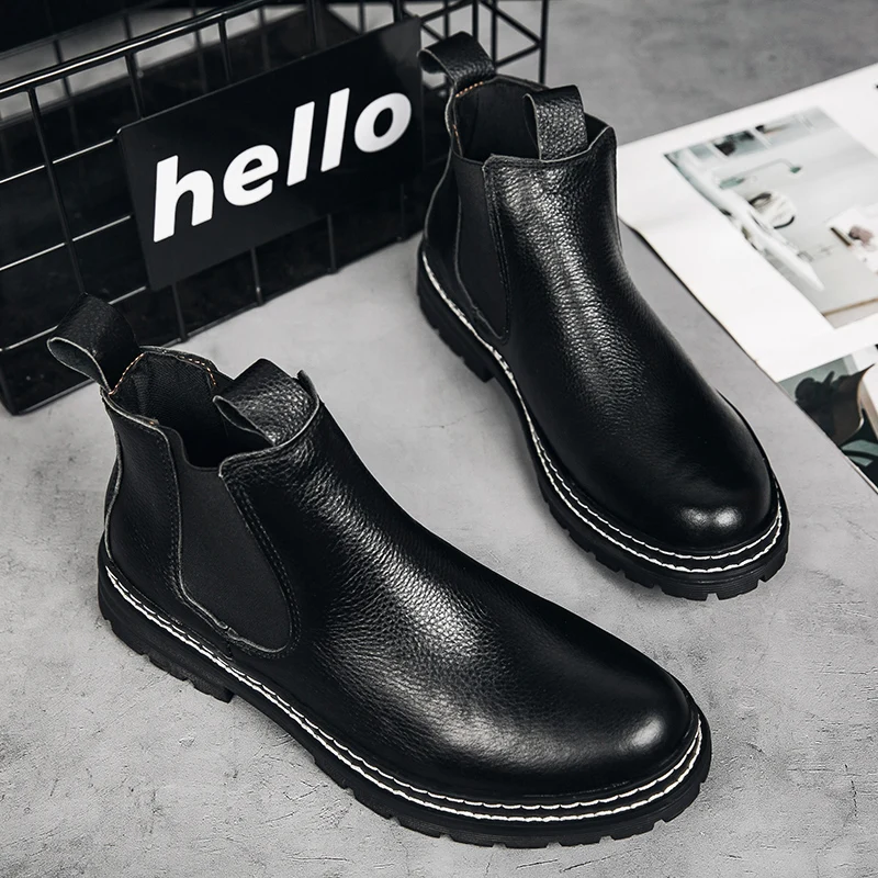 

High End Men Thick Soled Business Mid Top Boots Non Slip Wear-resistant Simple Stylish Warm Large Boots (37-48)