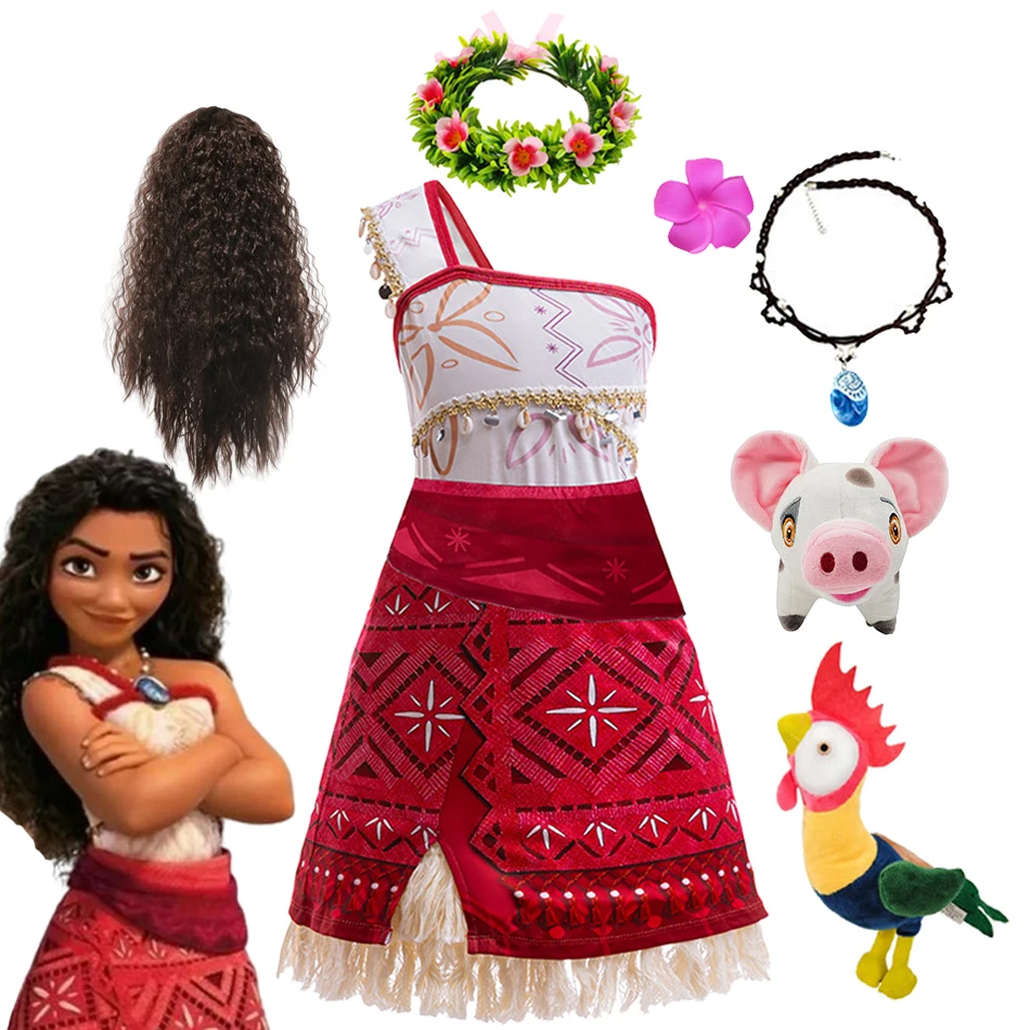 Moana 2 New Dress Girls Princess Clothes Kids Adventure Dress Up Vaiana Necklace Pig Chick Carnival Party Summer Cosplay Costume