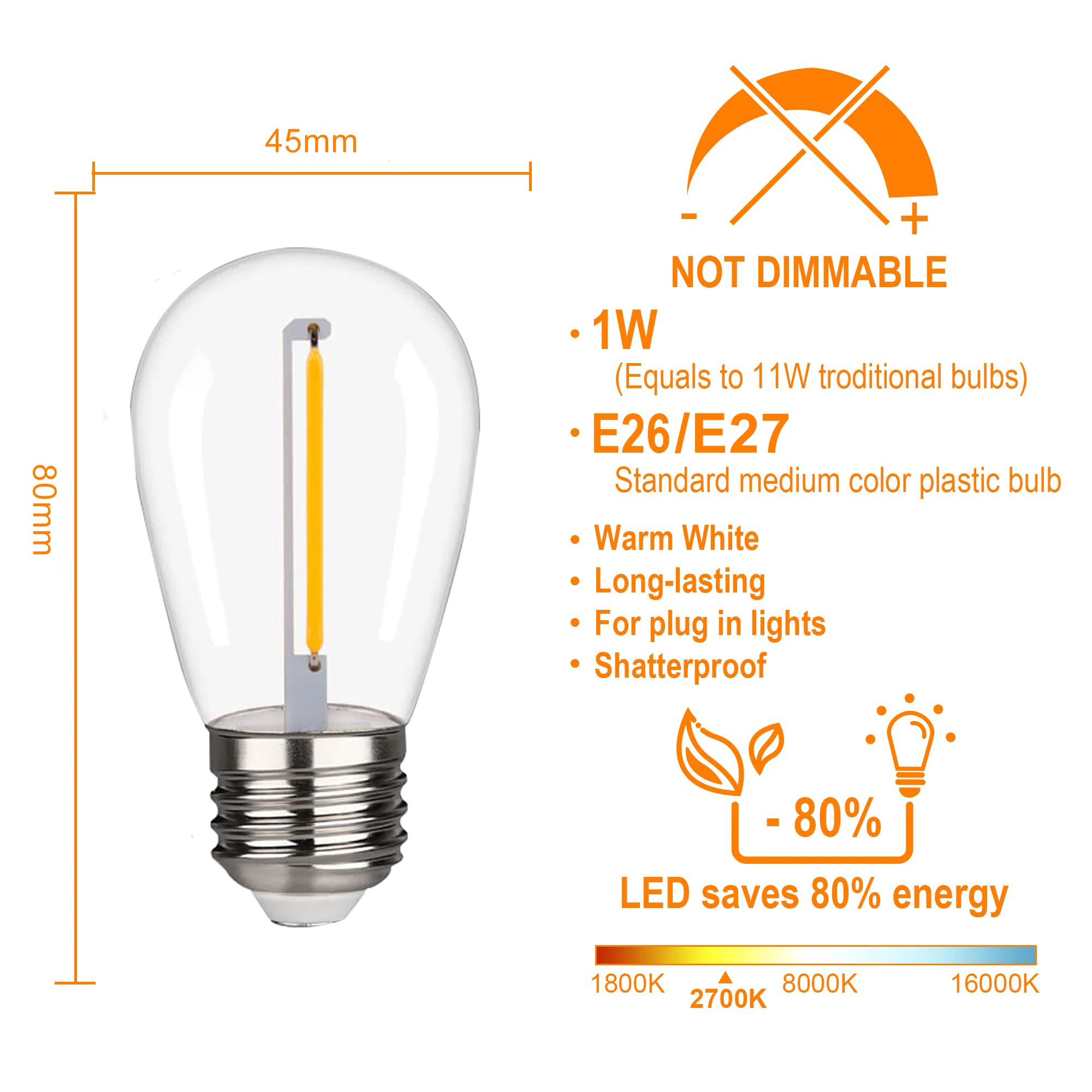 S14 Girland 220V Led Bulb Replacement Light Bulbs DC12V 1W 3000K Plastic Shatterproof Outdoor String Light E27 Base