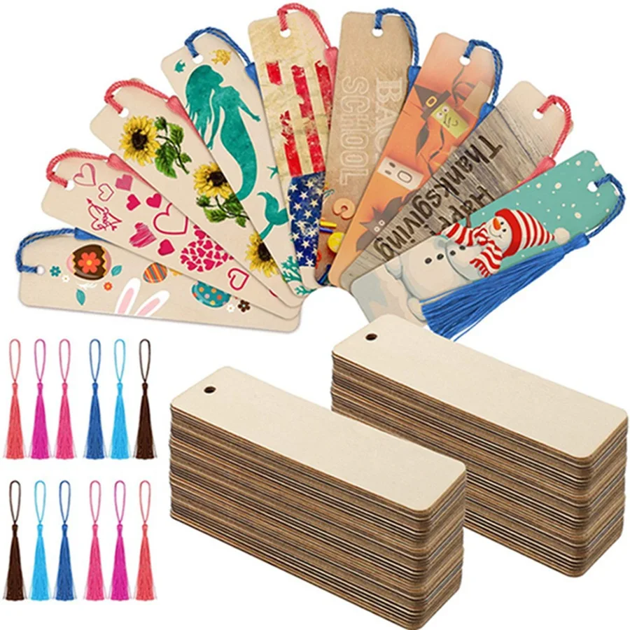 36Pcs Wood Bookmark Bulk Blank Originality Bookmarks Wooden Sign Unfinished Label Ornaments With Holes And Ropes DIY Crafts