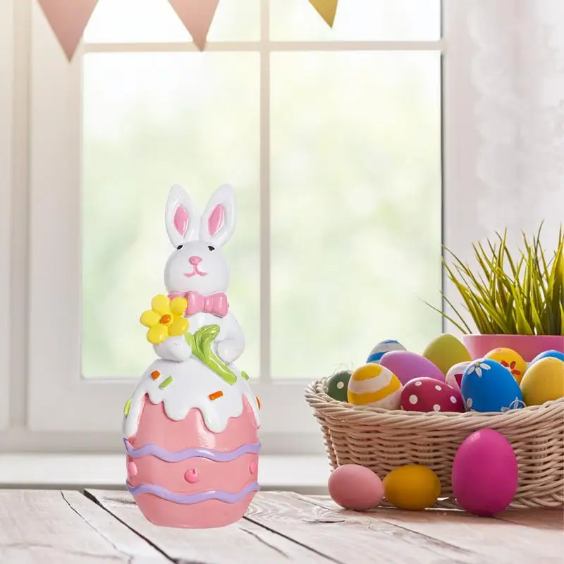 Happy Easter Decoration Colorful Easter Bunny With Egg Statue Resin Funny Table Rabbit Ornaments For Desktop, Shelf, Fireplace
