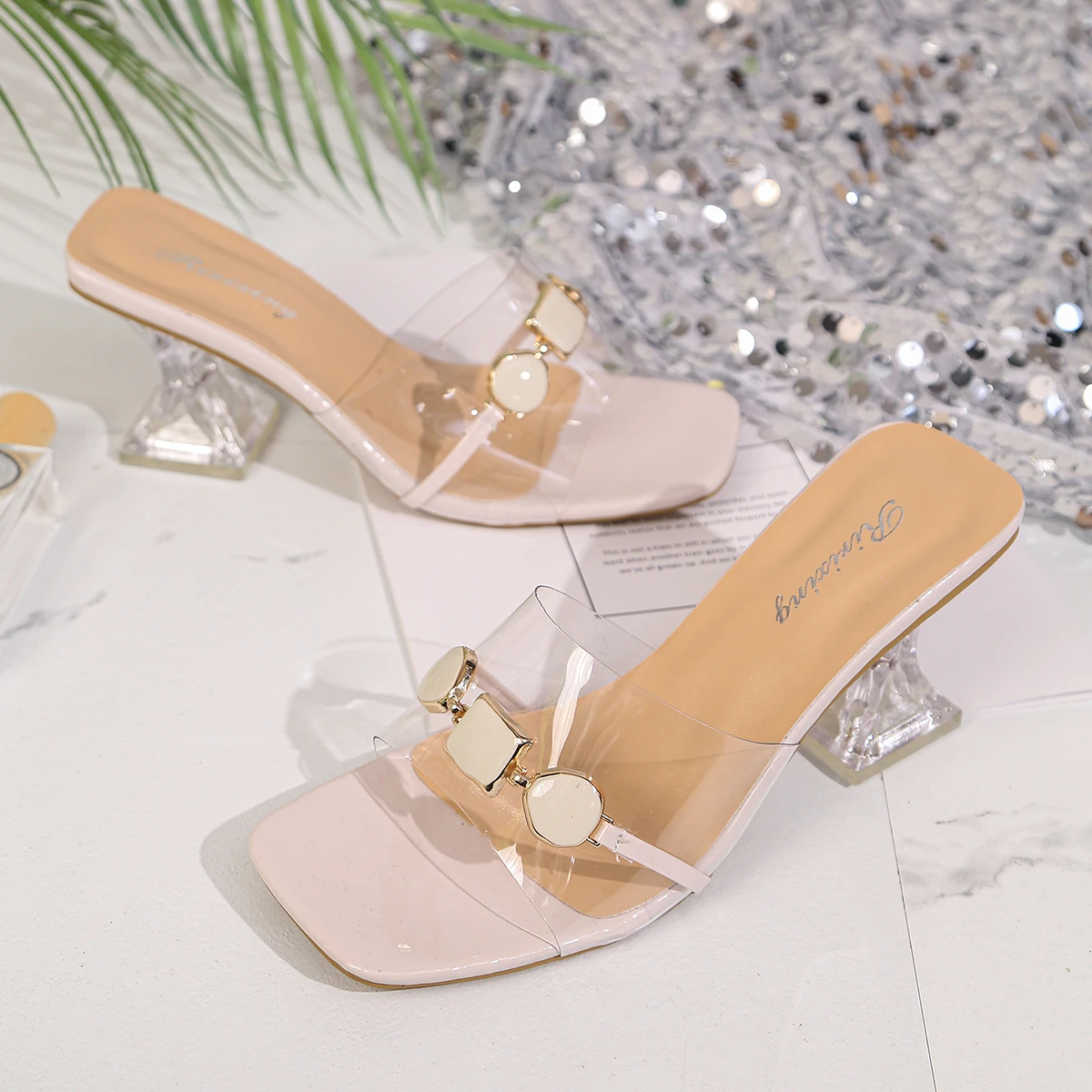 Women\'s Slippers Summer New High Heels Square Head Open Toe Simple Sandals Casual Fashion Temperament Crystal Slippers