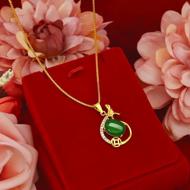 

Korean Fashion 14k Gold Necklace for Women Green Gemstone Stone Purse Pendant Necklaces Yellow Jade Clavicle Necklace Jewelry