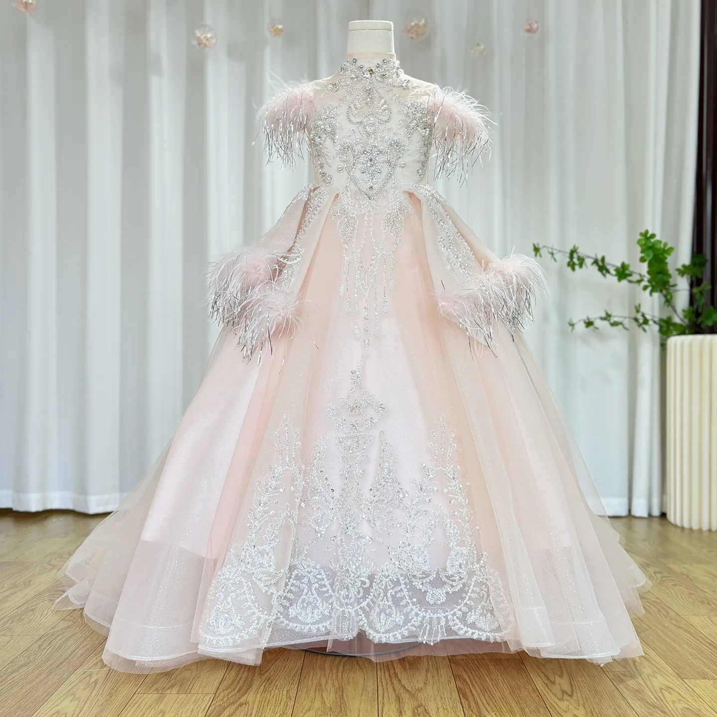 Jill Wish Luxury Pink Dubai Girl Dress Beaded Feathers Arabic Princess Kids Wedding Birthday Party Long Ball Gown 2024  J138