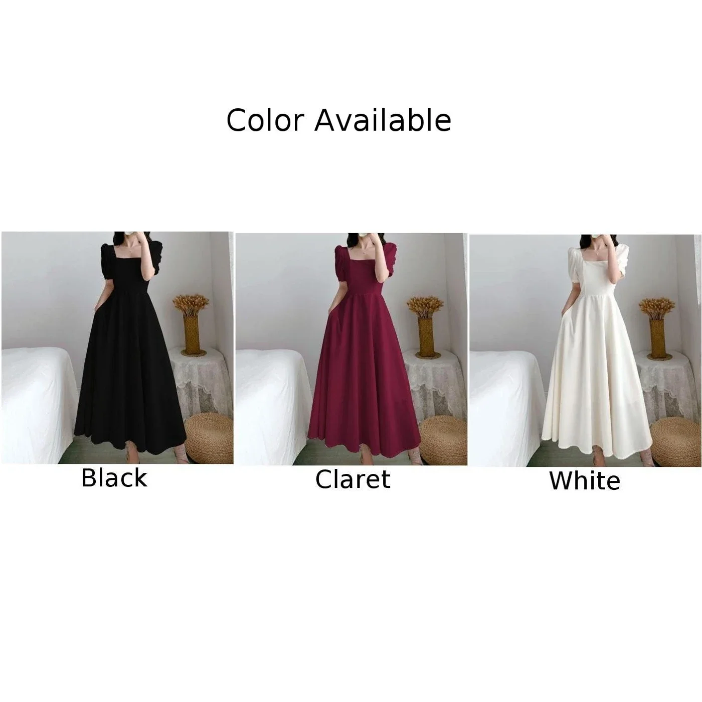 Women Red Puff Sleeve Elegant Dress Square Collar A-line Casual Dresses Solid Wedding Dress Beach Vestidos For Ladies Summer